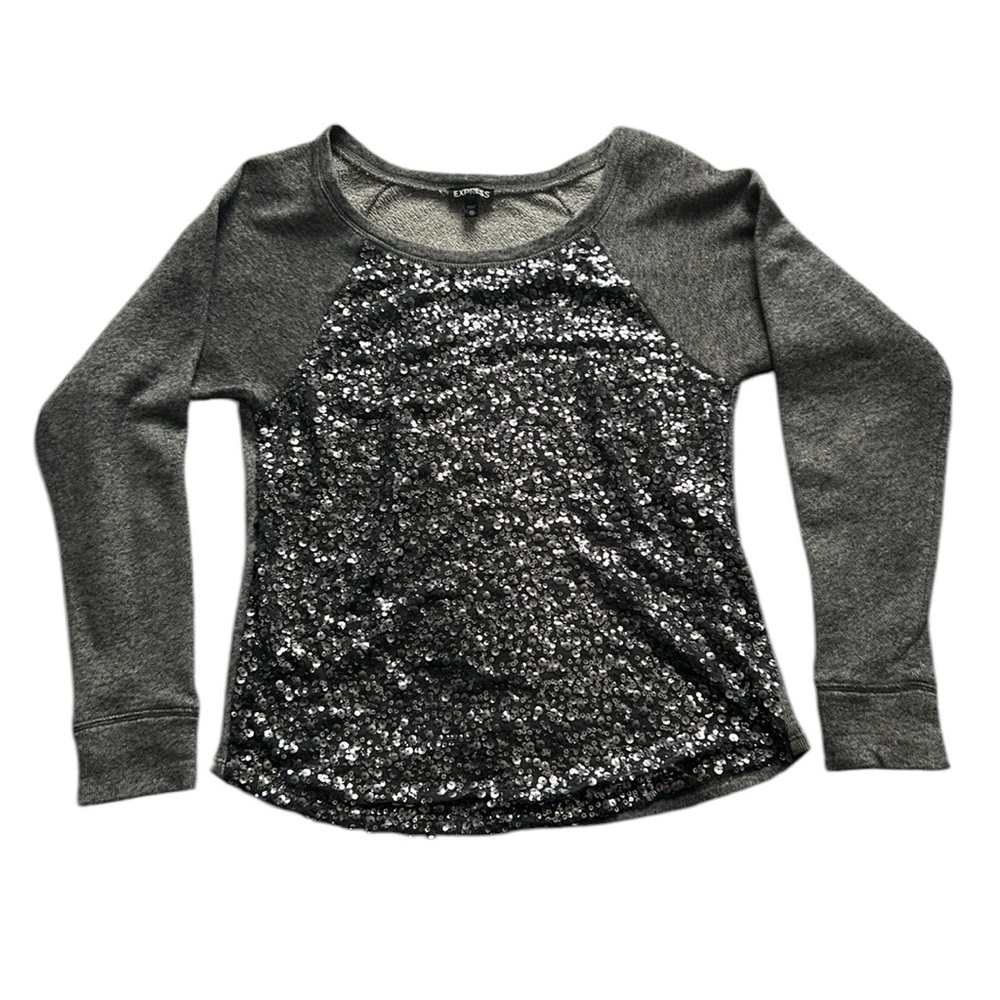 Express Gray/Silver Sequin Sweater Drop Shoulder Raglan Sleeve Glam Rockstar‎ XS